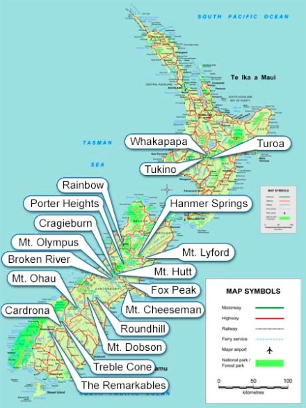 Map showing most of the NZ Ski Fields